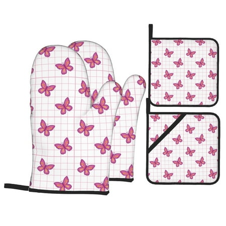

Oven Mitts and Pot Holders Sets 4 pcs - Retro Pink butterfly Grid Y2K 90s Heat Resistant Silicone Oven Gloves with Non-Slip Silicone Surface and hot pads for kitchen Baking Cooking BBQ