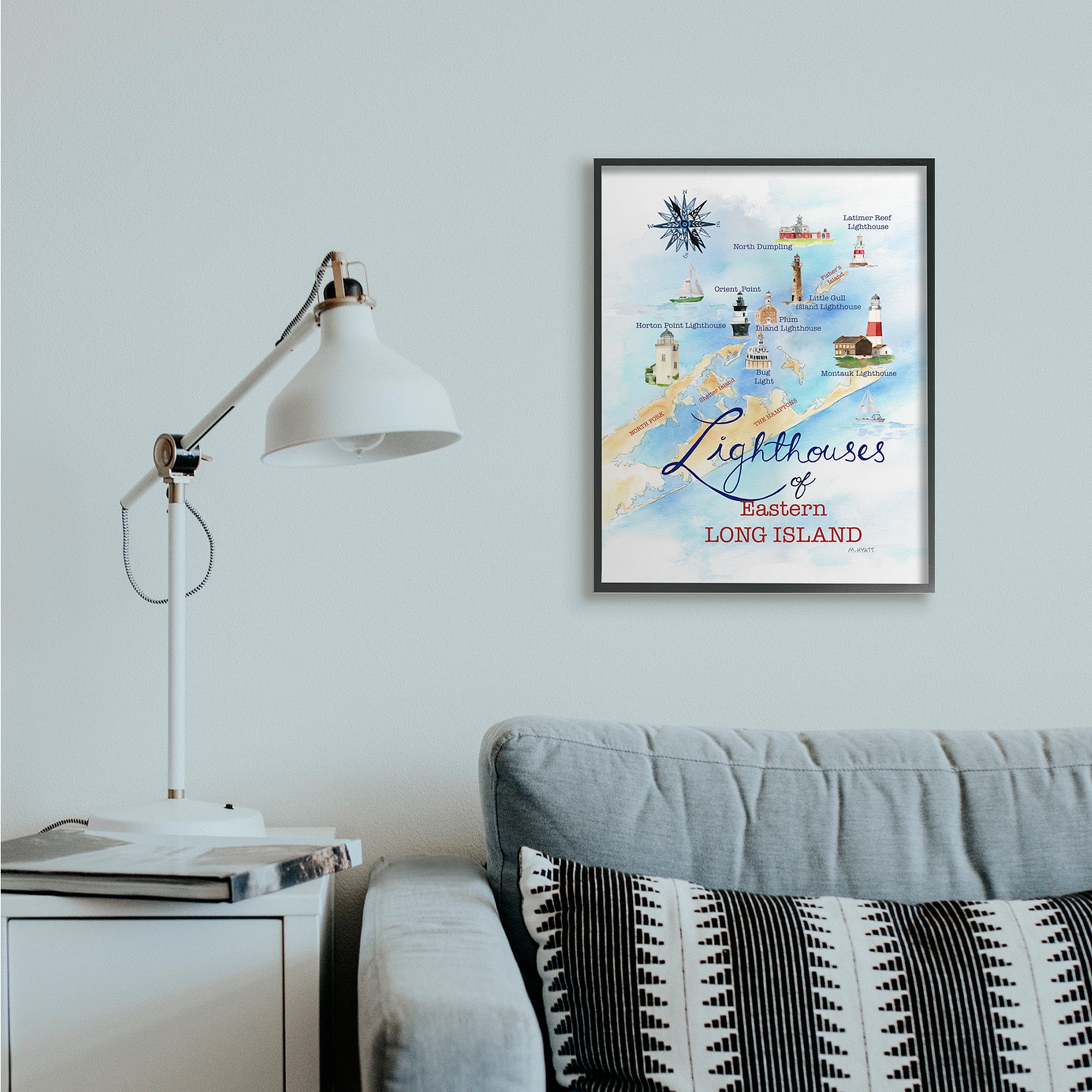 Stupell Industries Nautical Map of Eastern Long Island Lighthouses Black Framed, 24 x 30, Design by Melissa Hyatt LLC