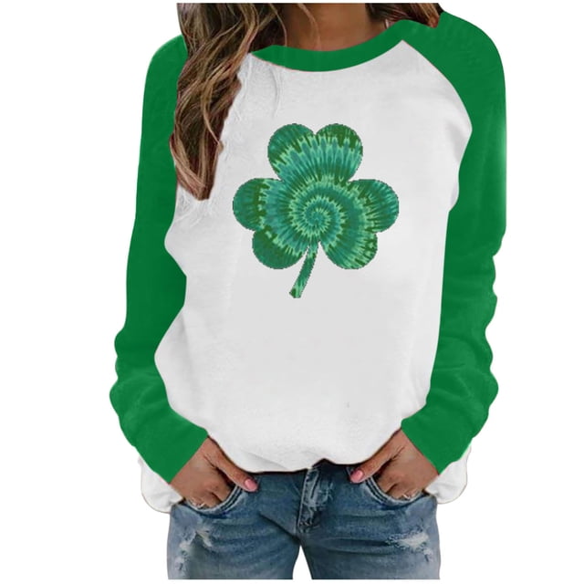 QIPOPIQ T-Shirts à Manches Longues à Col Rond pour Femmes T-Shirts de la Saint-Patrick T-Shirt Imprimé Trèfle de Printemps T-Shirt Vert Porte-Bonheur T-Shirts de la Saint-Patrick Hauts à Col Rond Patchwork Offres de Chemises des Fêtes