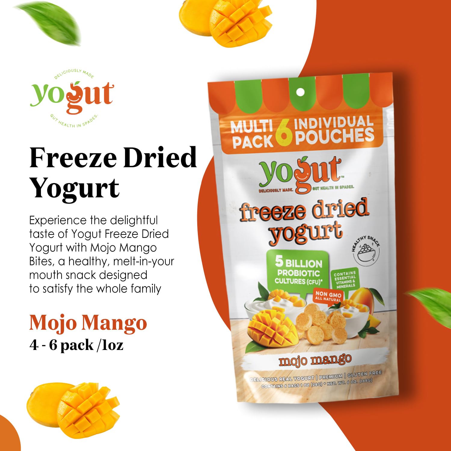 YoGut Freeze Dried Yogurt Snack Mango, 6 Pack, Crunchy Texture, Gluten Free, Non GMO, Probiotic Healthy Snack for Kids & Adults