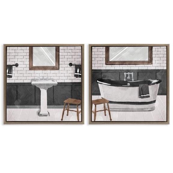 Stupell Industries Modern Country Bathroom Interior Abstract Painting Brown Floater Framed Canvas Art Print Wall Art, 25 x 25, Set of 2