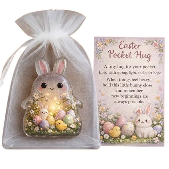 Fasiaou Ensemble d'Ornements de Lapin de Poche de Pâques avec Souvenir Lumineux dans un Sac à Cordon Transparent et Carte de Vœux Assortie, Cadeau de Fête Portable,A
