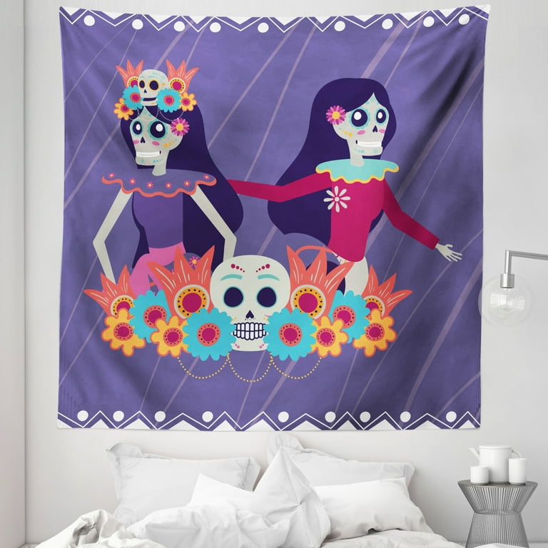 Dia de los Muertos Tapestry Reunion of the Sisters in the Other Life Celebration Floral Pattern Art Fabric Wall Hanging Decor for Bedroom Living