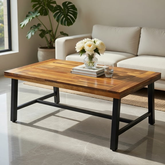 Yardi Yard Acacia Wood Coffee Table, Patio Coffee Table with Thickened Top and Heavy-duty Metal Legs for Outdoor as Yard, Brown