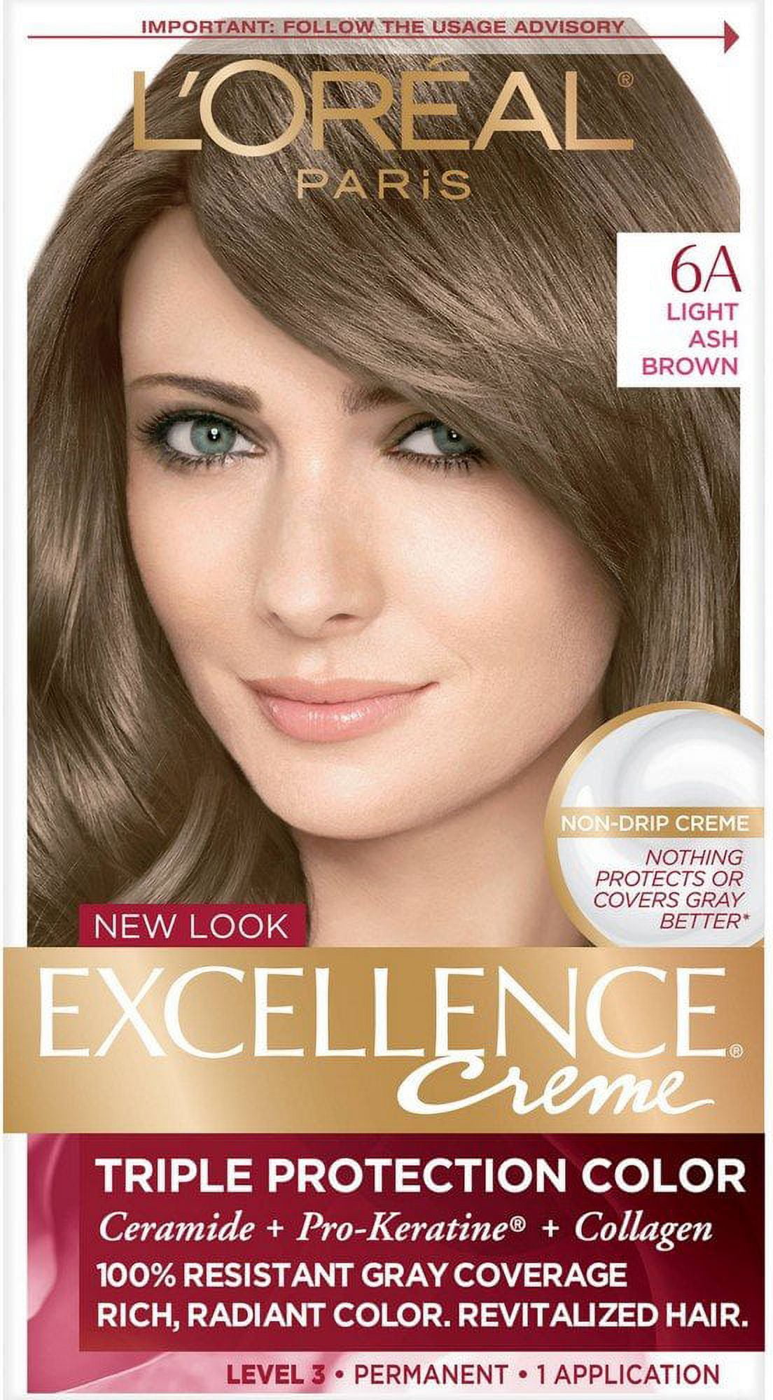L'Oreal Paris Excellence Creme 6A Light Ash Brown Level 3 Permanent Hair Color, 1 Application, 4-Pack