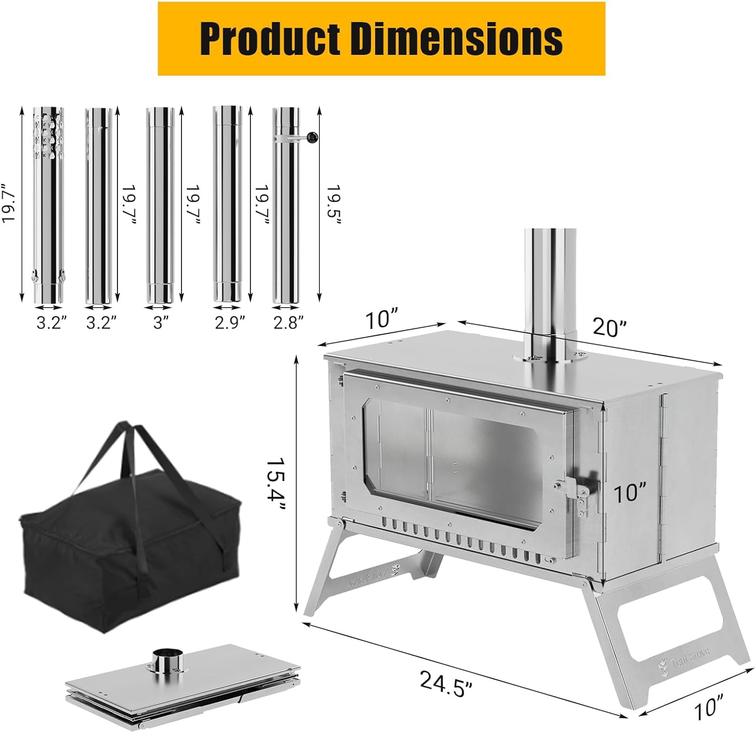Garvee Hot Tent Stove With View Glass, Wood Burning Stove for Camping, 5 Chimney Pipes, Silver