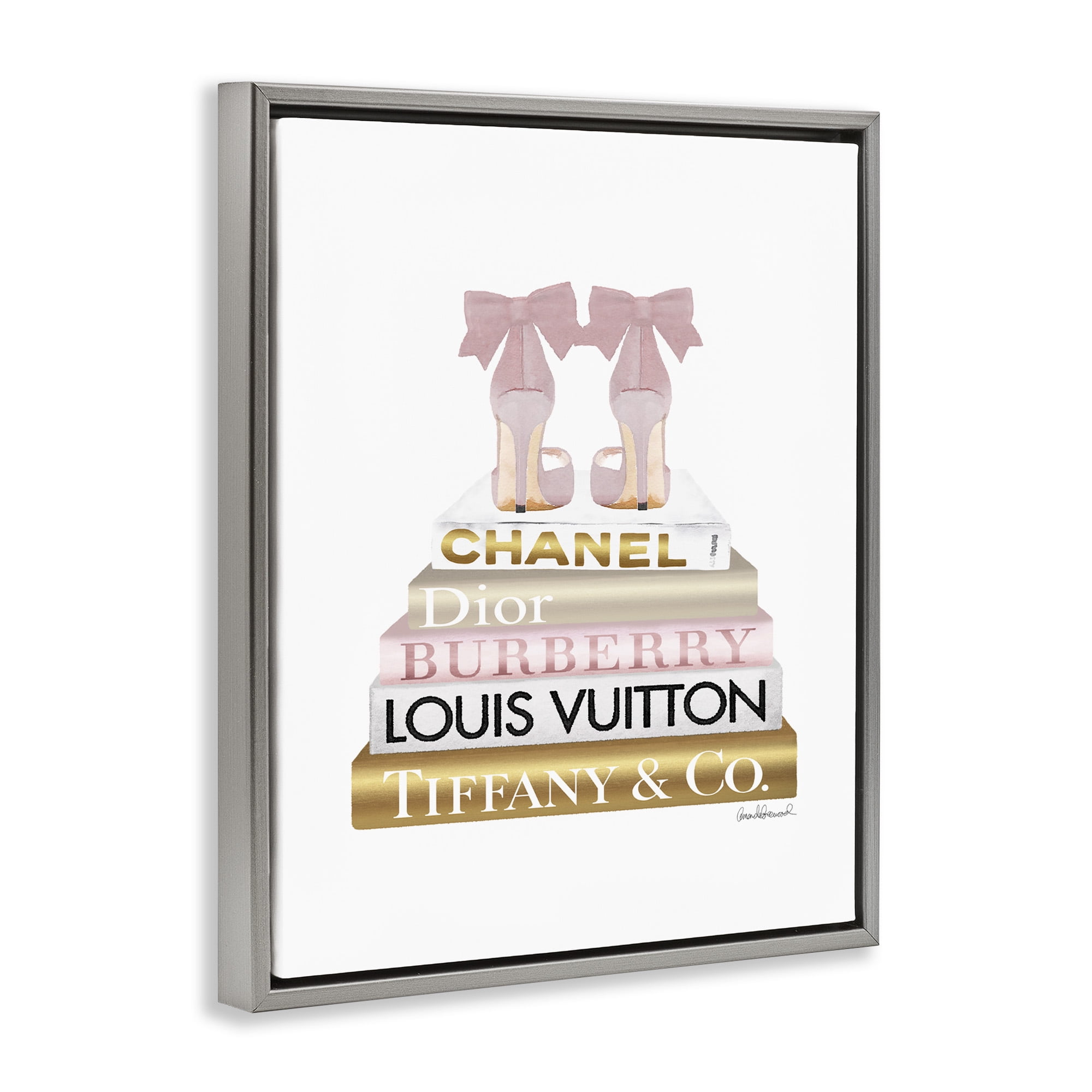 Stupell Industries Pink Gold Heels Bookstack Beauty & Fashion Painting Gray Floater Framed Canvas Art Print Wall Art, 25 x 31