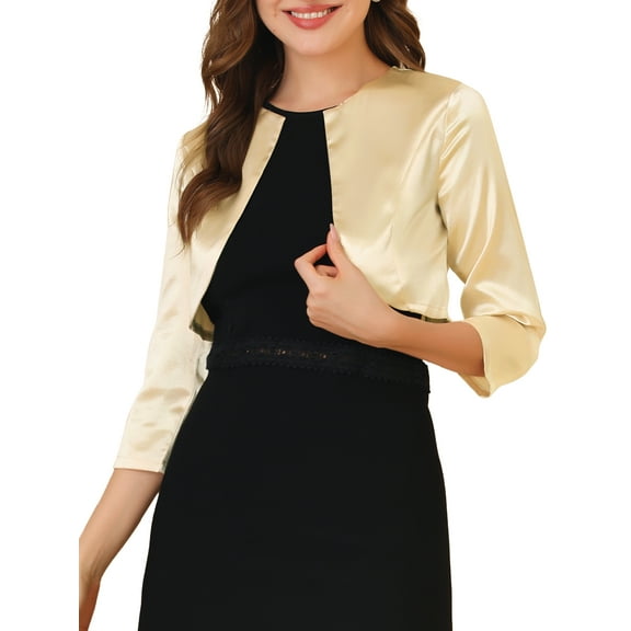 Allegra K Women's Elegant Open Front 3/4 Sleeve Evening Shrug Satin Bolero Cardigan