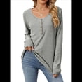 thumbnail image 2 of Camisetas de Rayas de Larga para Mujer, Camisetas Informales con Cuello en V y Botones para Otoño, Blusas Modernas. Gris y M, 2 of 9