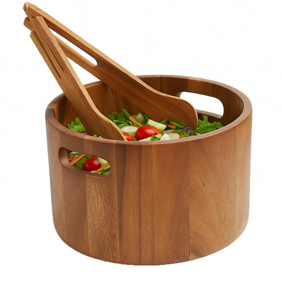 Woodard & Charles Acacia Wood Salad Bowl with Tongs, 10 1/4" x 6 1/2"