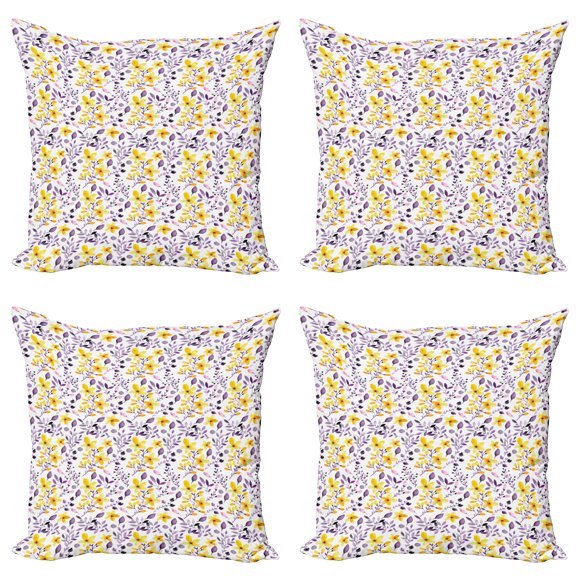 Ambesonne Watercolor Throw Pillow Cover 4 Pack, Yellow Wildflowers, 24", Yellow Purple White