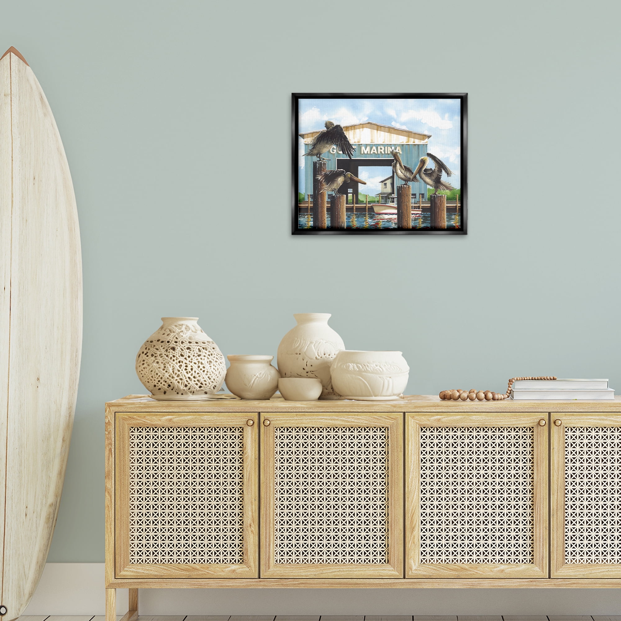 Stupell Industries Boat Marina Pelicans Nautical & Beach Painting Black Floater Framed Canvas Art Print Wall Art, 21 x 17