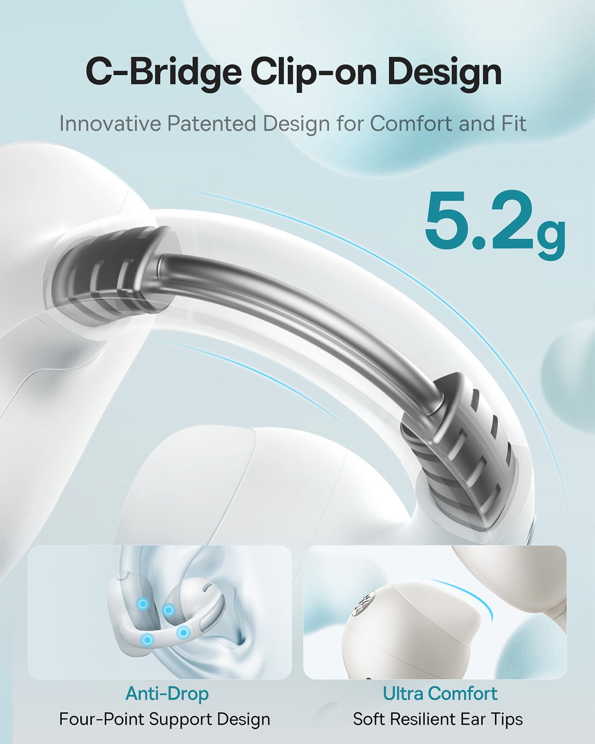 Baseus Open Ear Earbuds, Clip-On Bluetooth Earbud, Noise Cancelling Headphones, IP57, 40H Playtime, Bowie MC1, White