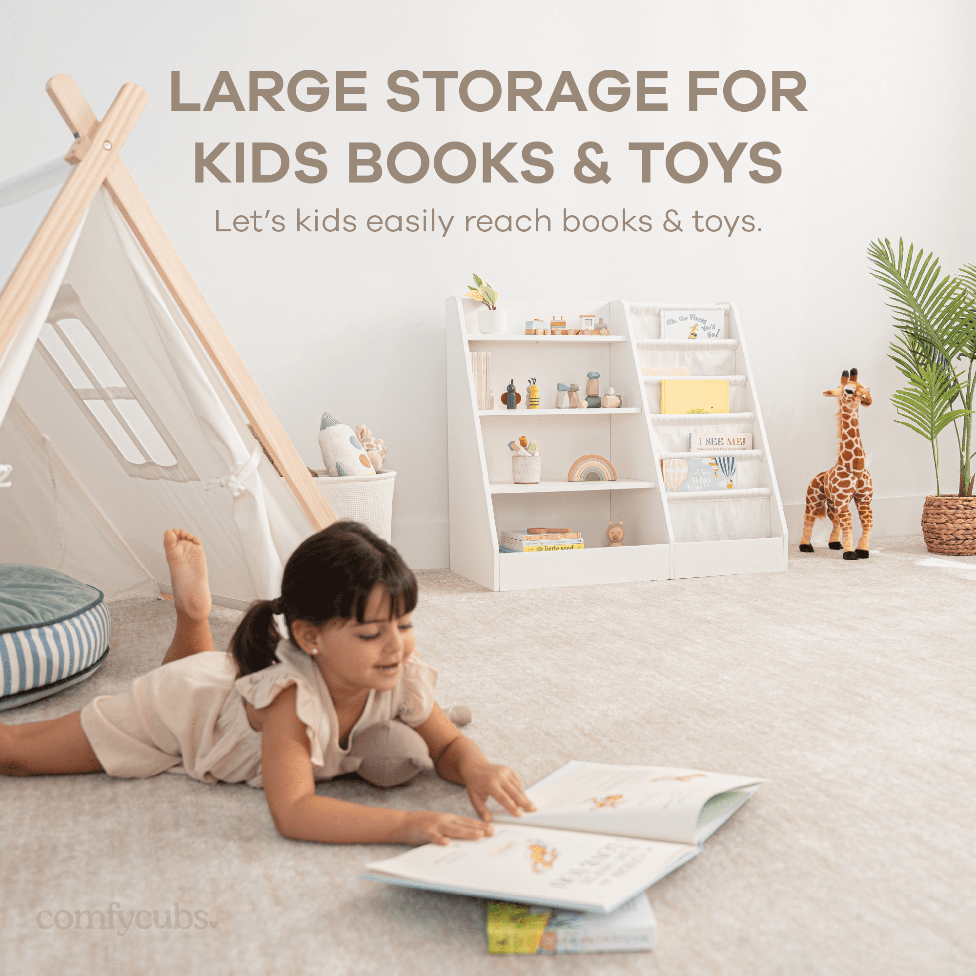Comfy Cubs Kids Bookshelf 35.2 x 15.7 x 31.5 in - Montessori Book Shelf Storage Organizer - White