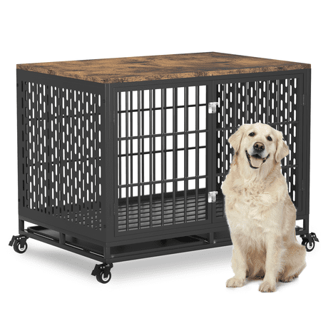 42  Heavy Duty Dog Crate for Large Medium Dogs  Furniture Style Cage with Trays and Wheels  Brown