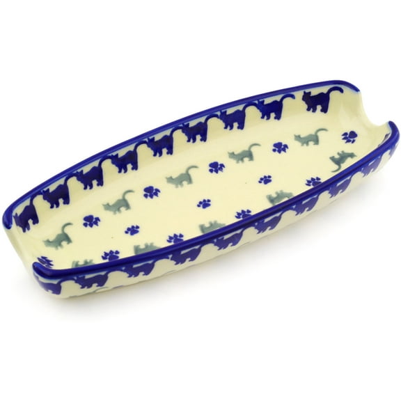 Polish Pottery 9¼-inch Corn Tray (Boo Boo Kitty Paws Theme) Hand Painted in Boleslawiec, Poland Certificate of Authenticity