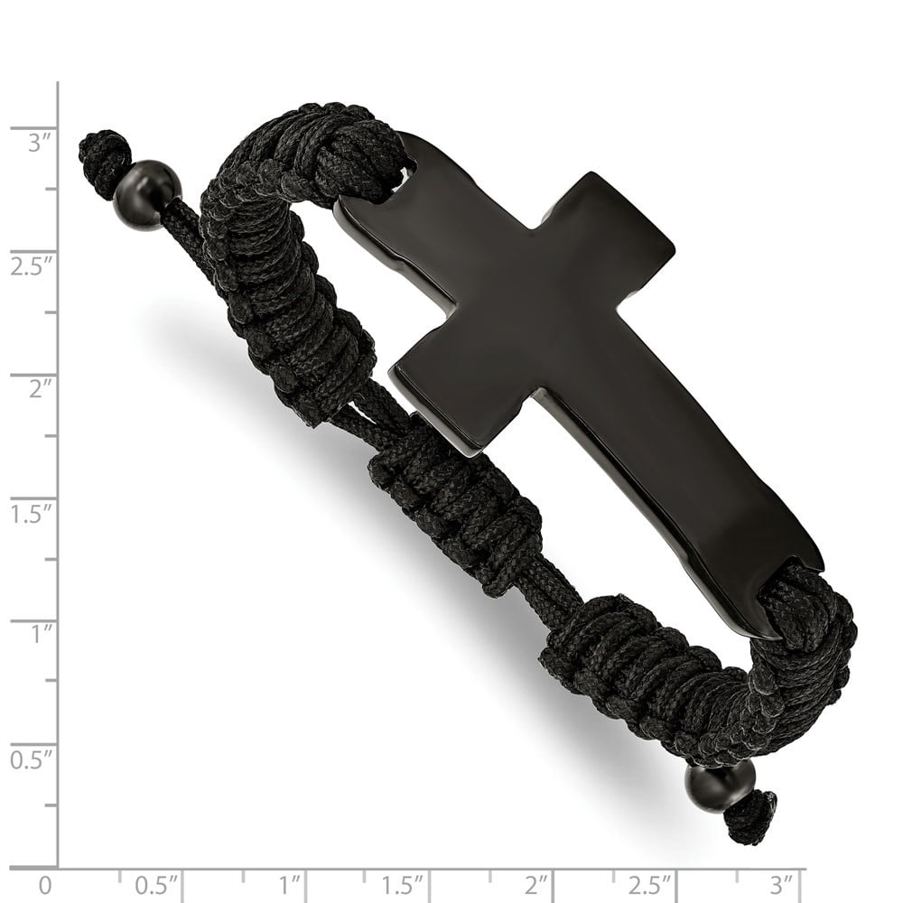 Diamond2Deal Stainless Steel Polished Black IP-Plated Cross Black Nylon Adjustable Bracelet for Men
