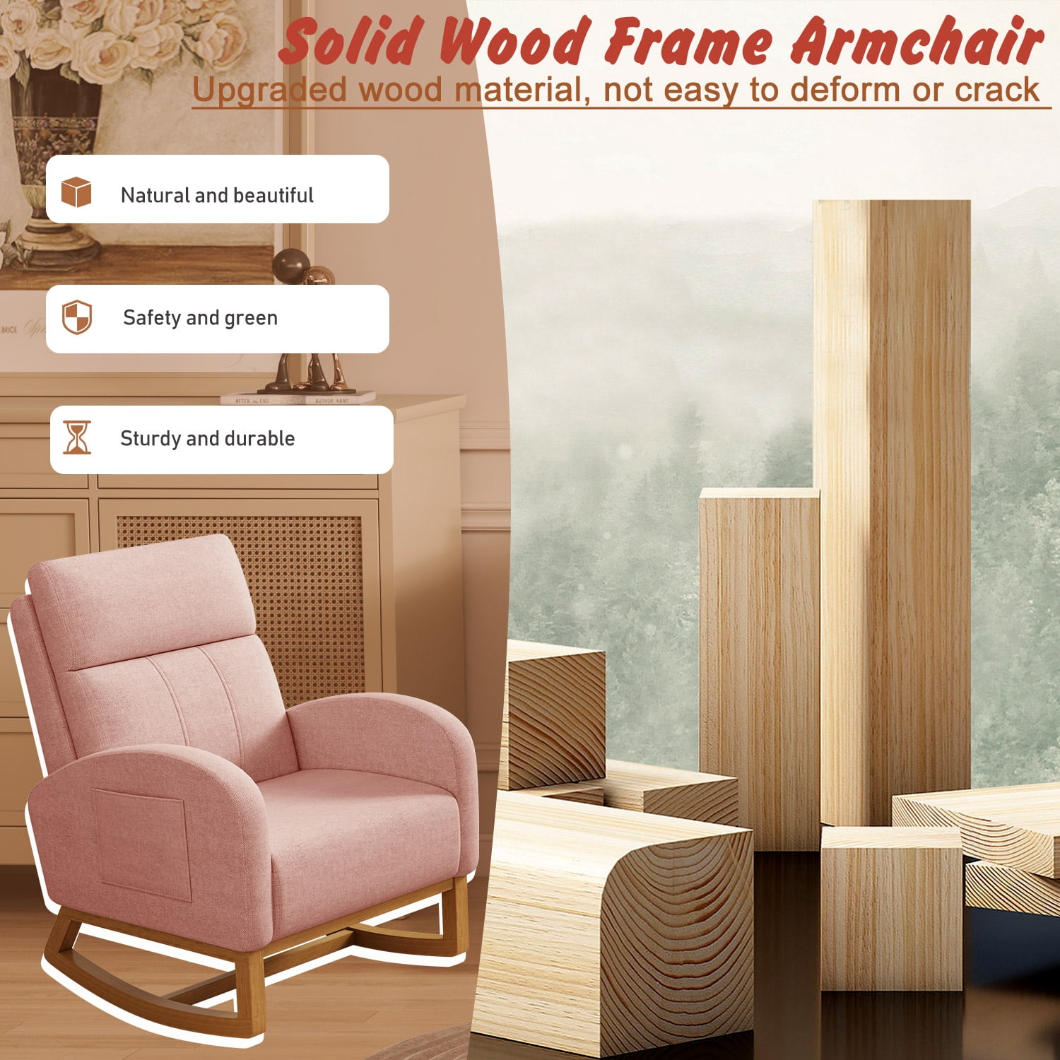 Glider Rocking Chair Nursery Comfy Accent Chair with High Backrest Upholstered Living Room Chairs with Side Pocket Armchair Reading Chair for Bedroom Nursery Office,Pink