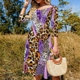 thumbnail image 4 of Purple Leopard Print Abstract Women's 3/4 Sleeve Dresses Elegant A-Line Midi Dress Flare Summer Casual Sundress, 4 of 9