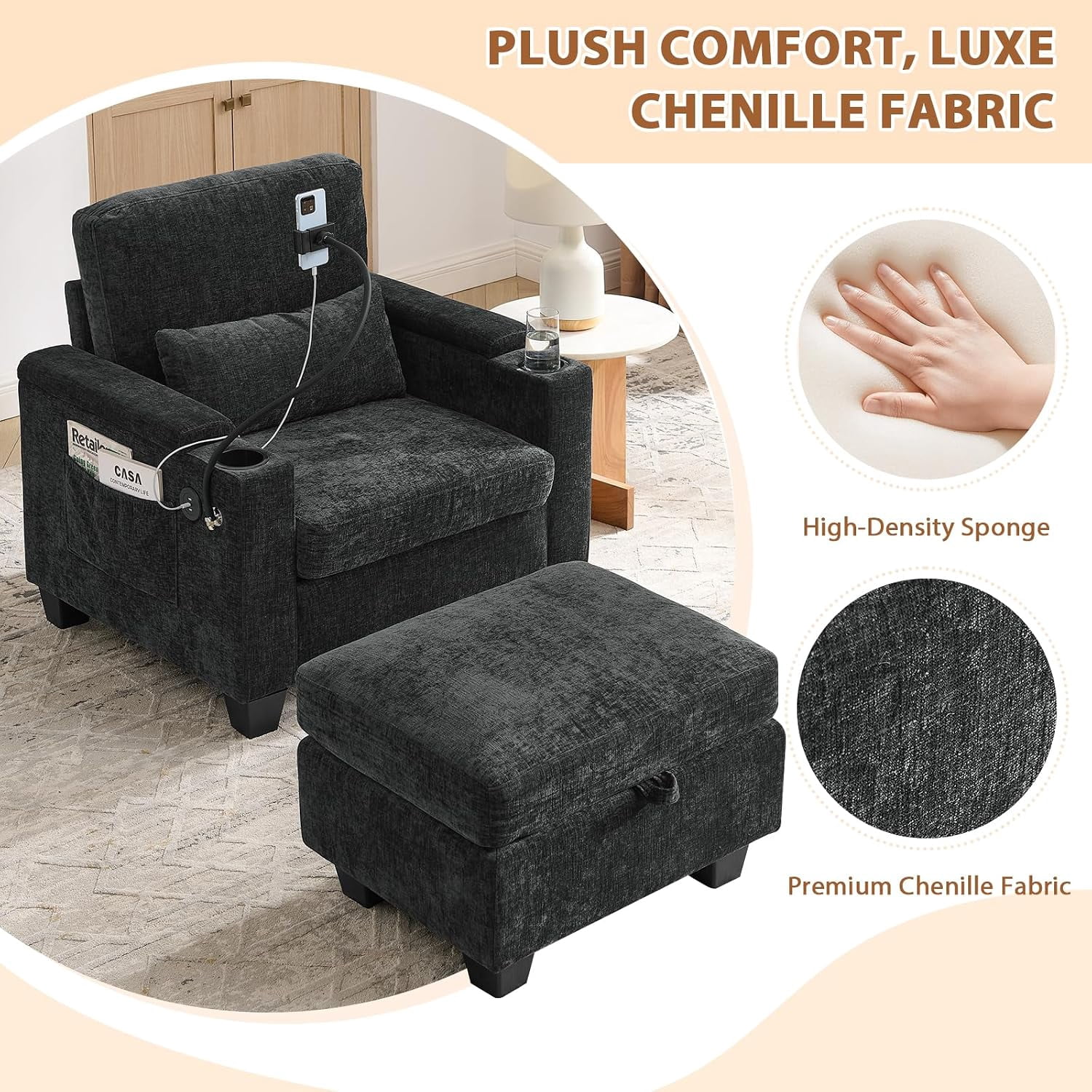 MOONMISS Oversized Chaise Lounge Chair Indoor, Single Convertible Recliner Reading Arm Sofa Chair W/Adjustable Backrest & Charging Port Couch Bed for Living Room, Home Theater & Bedroom,Black