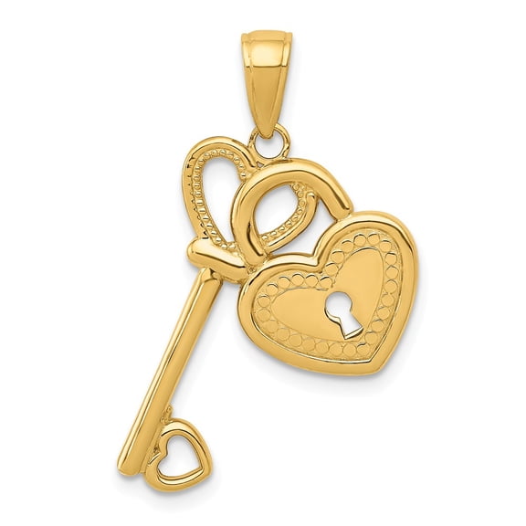 14K Yellow Gold Solid Heart Design Key and Lock Charm Pendant
