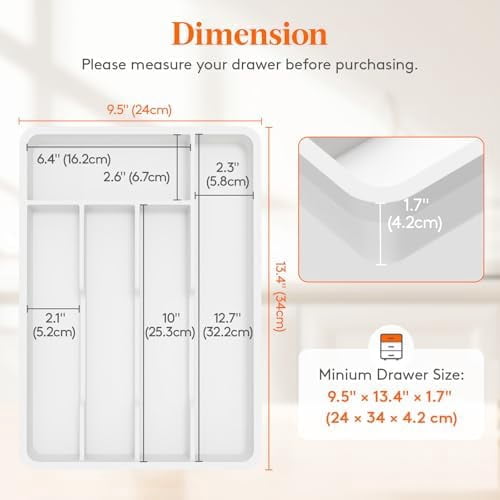 Silverware Drawer Organizer Tray, Plastic Cutlery Storage for Kitchen, Flatware and Utensil Holder Divider for Spoons Forks Knives Tableware, 9.5 x 13.4", 5 Slots, White