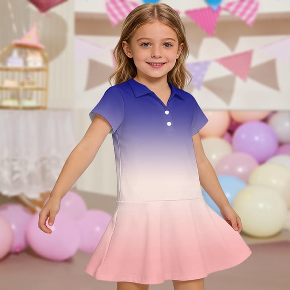 CCRFTGI Polo Dress for Kids Girls Size 10-12 Back To School Short Sleeve School Uniform Cute Gradient Pleated Flare Skater Polo Dresses Summer Button-Down Collar Pique Polo Dress Navy 3-4 Years