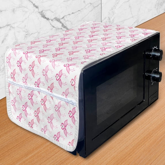 Hawaii Microwave Oven Cover, Tropical Summer Birds Repetitive Pattern of Love Flamingos and Hearts, Water Resistant Organizer with Pockets for Kitchen, 36" x 12", Pink and Pastel Pink, by Ambesonne