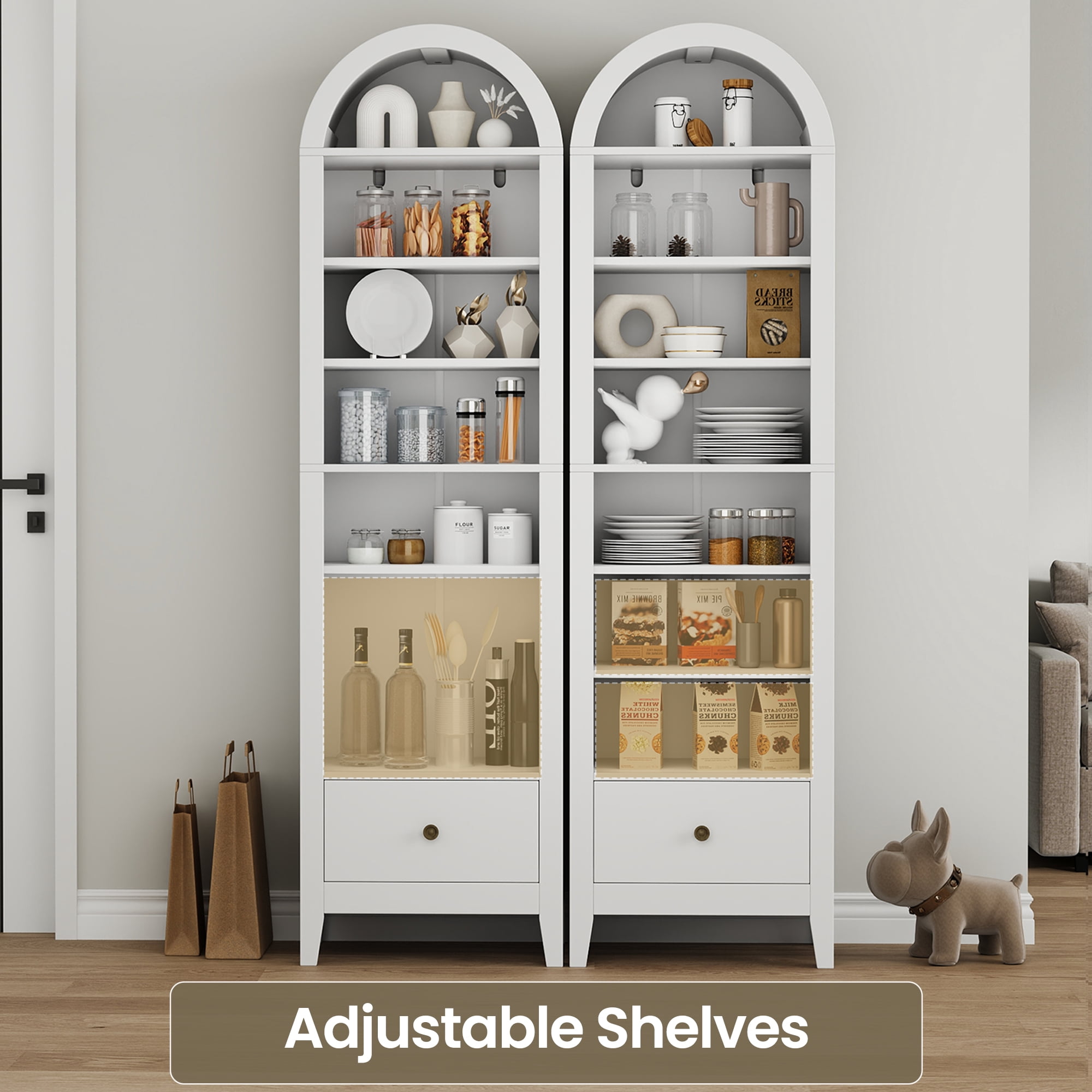 70" Arched Tall Kitchen Pantry Cabinet, 8-Tier Arched Storage Cabinet with Doors and Shelves, Shoe Cabinet for Entryway, Living Room, Hallway, White