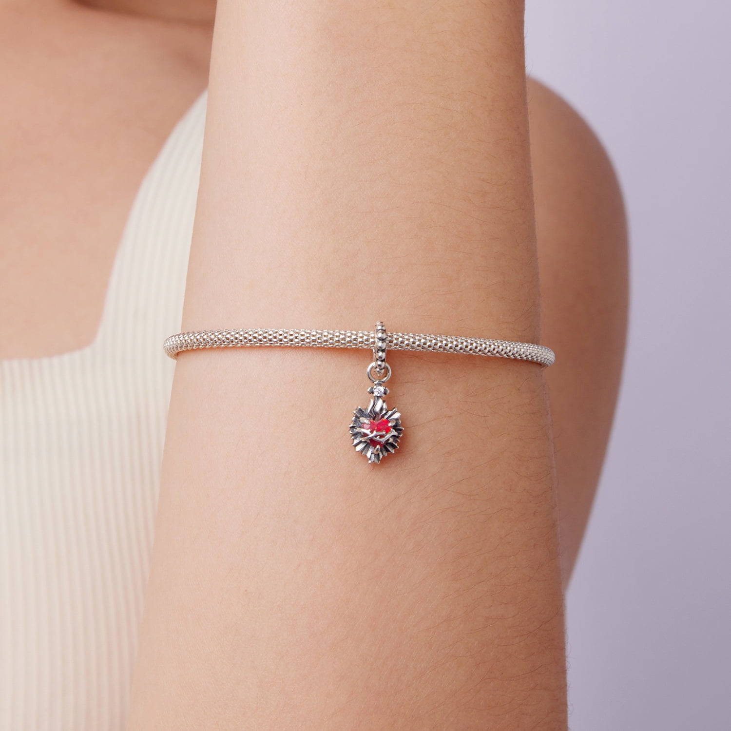 Sacred Heart Pendant Charm, 925 Sterling Silver Charm Bracelet Accessory, Compatible with 3mm-4.5mm Bracelet