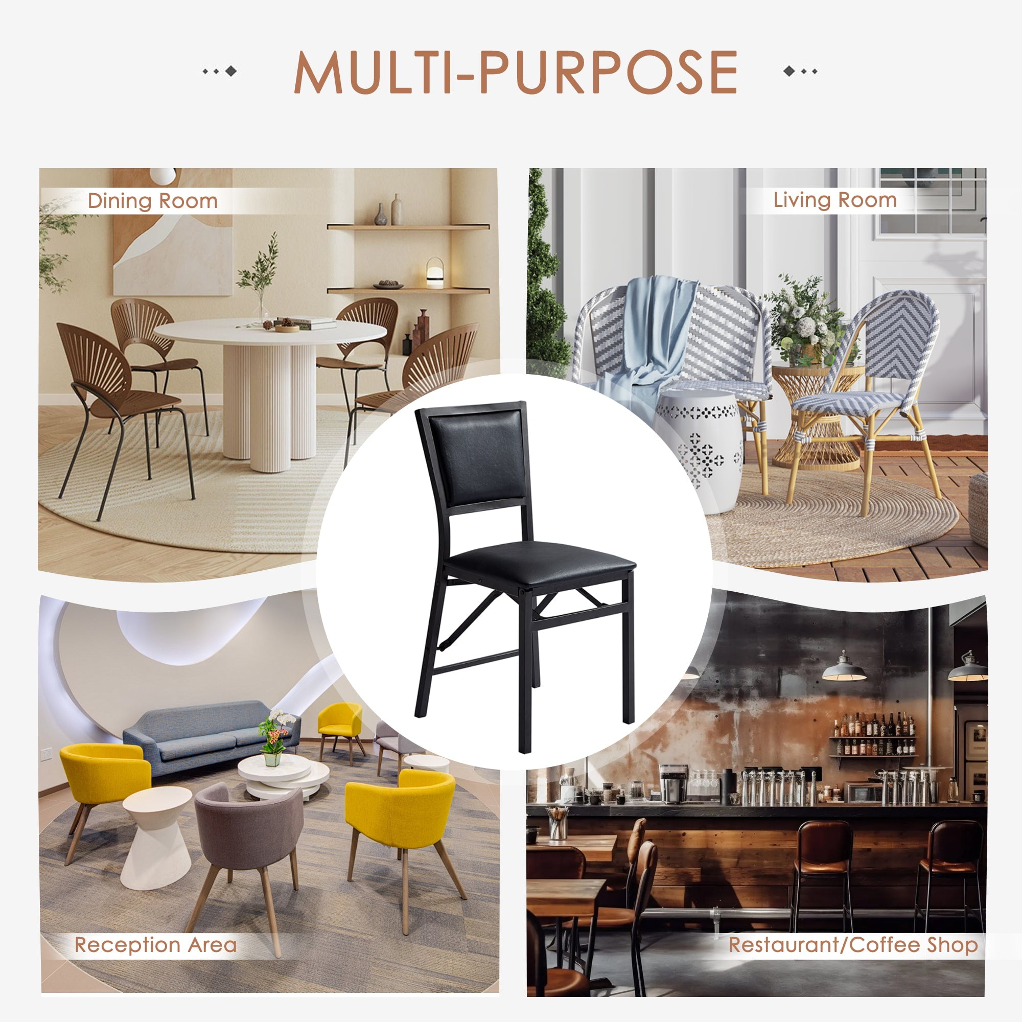 VECELO Set of 6 Metal Folding Chairs, High Back PU Upholstered Dining Chairs with Metal Frame, Modern Style Folding Chairs for Kitchen, Dining Room, Space Saving Design, Black