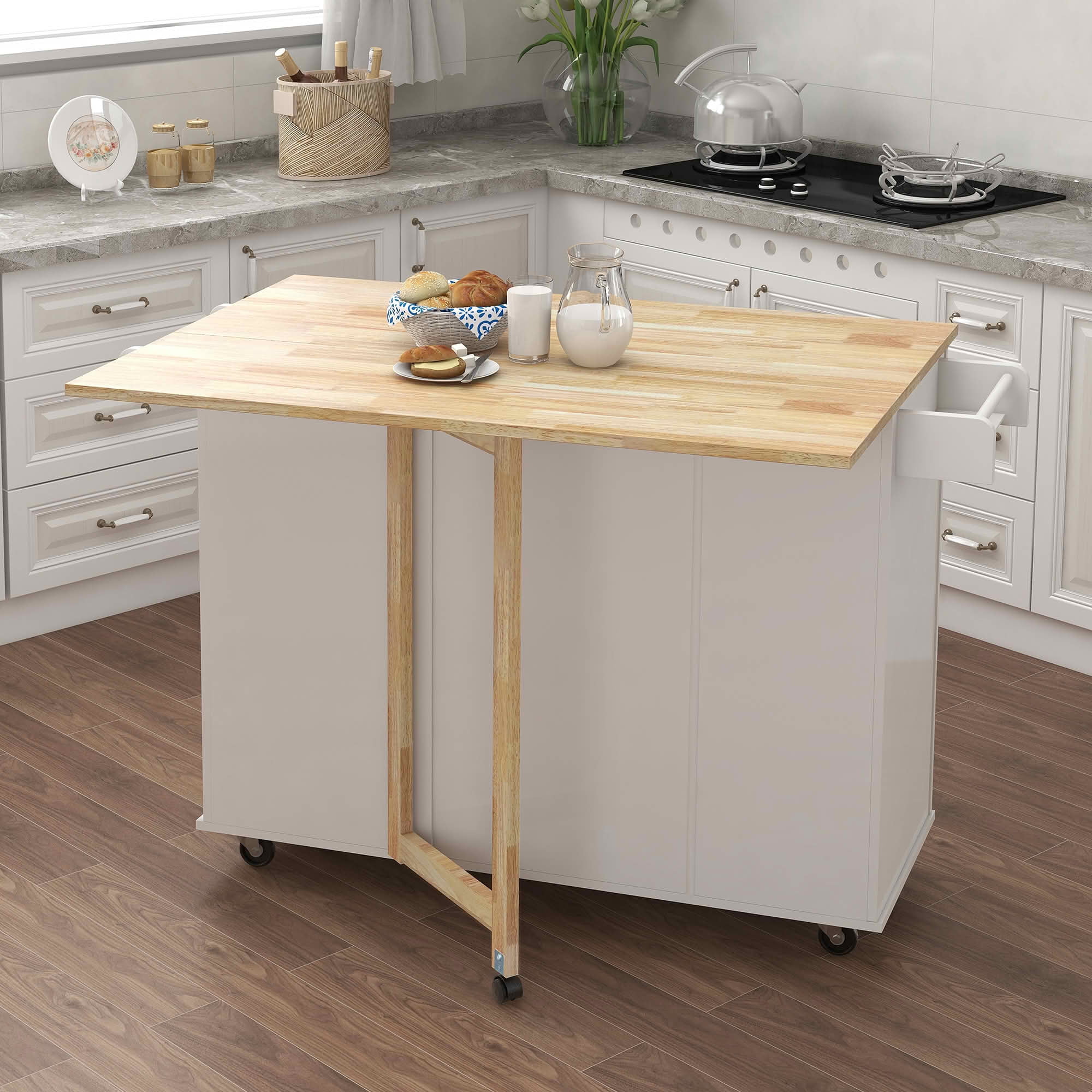 MAYEERTY Kitchen Island with Spice Rack Towel Rack Extensible Solid Wood Table Top White