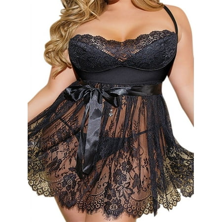 Julycc Womens Plus Size Babydoll Lingerie Set Lace Sleepwear Nightie Dress