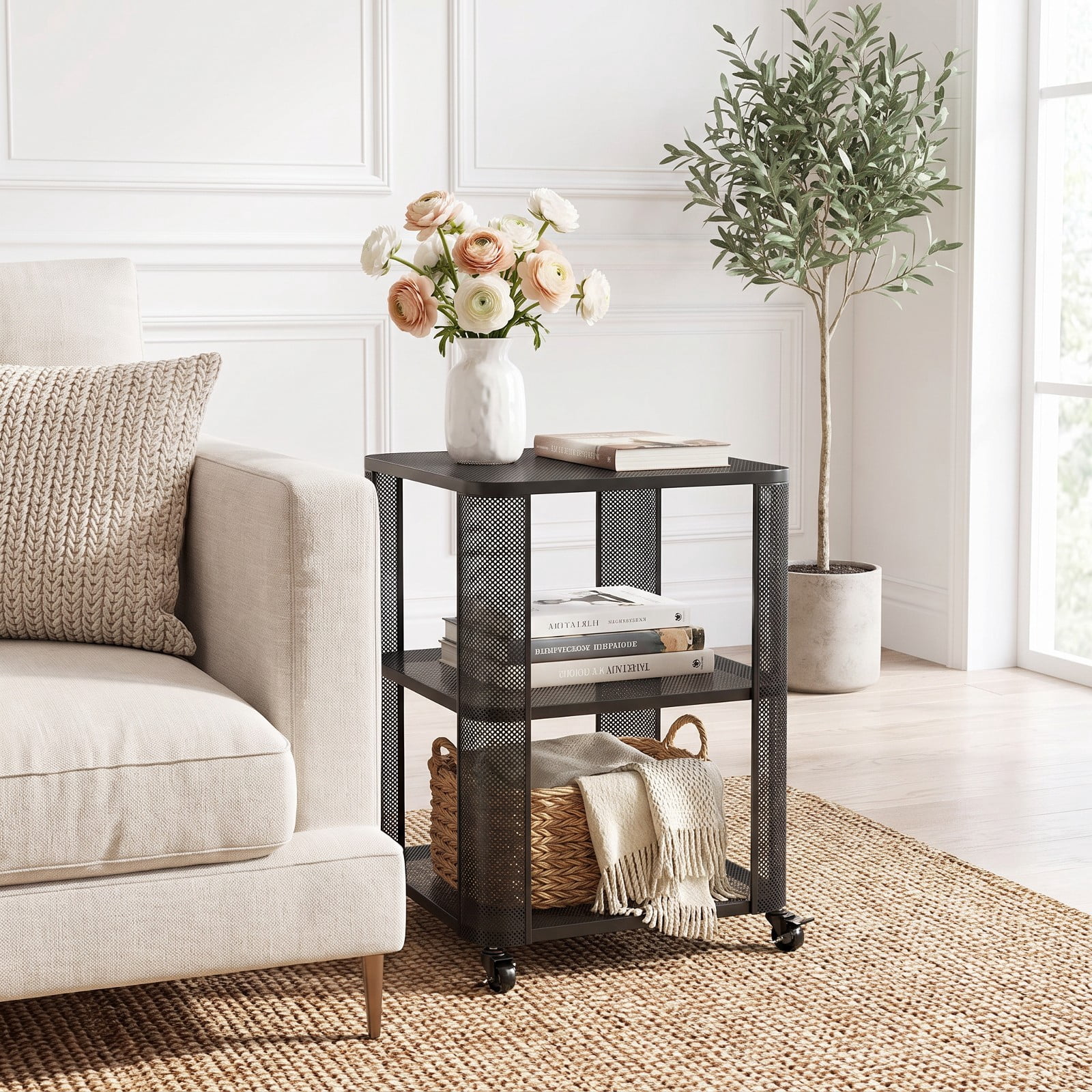 Furnibear 3 Tier Rolling End Table with Locking Casters and Metal Mesh Storage Shelves for Living Room Bedroom Apartment and Dorm, Black