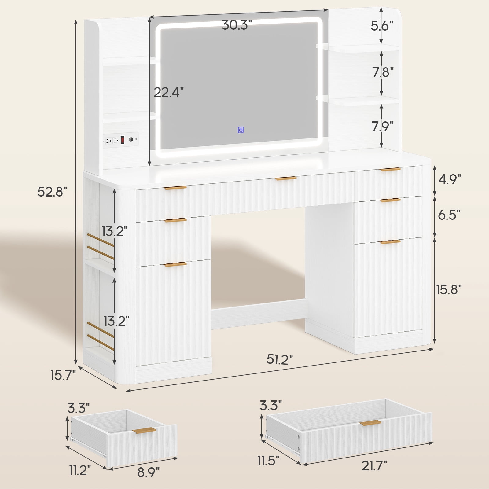 Plonmago Modern Vanity Table with Lighted Mirror, 5 Drawers, 2 Cabinets, and 6 Shelves, Vanity Desk with Lights and Power Strip,Modern Dressing Table Solid Wood Legs,White Fluted Finish