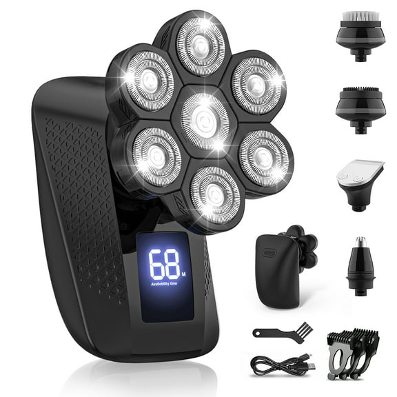 Head Shavers for Bald Men, 7D Electric Shaver Razor with Nose Hair Sideburns Trimmer, IPX7 Waterproof Wet/Dry LED Display Rechargeable Rotary Shaver 5 in 1 Grooming Kit