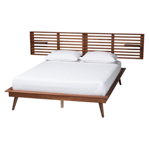 Baxton Studio Elvina Walnut Wood King Size Platform Bed with Built-In Shelves