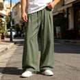 thumbnail image 2 of OOOUM Crinkle Wide Leg Pants for Men Relaxed Baggy Linen pants men's comfortable Lightweight Trousers Army Green XL, 2 of 4