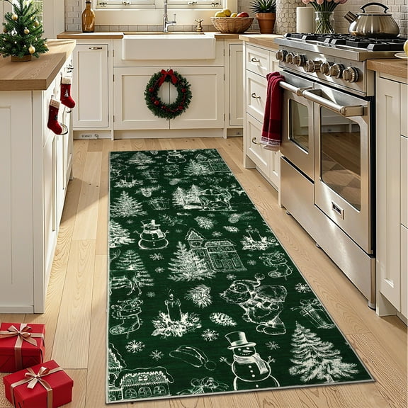 FairOnly 2'x6'Christmas Festive Runner Rug for Living Room-Winter Fairy Tale Ultra-Thin Machine Washable Non Slip Floor Rug for Kitchen Bedroom,Green White