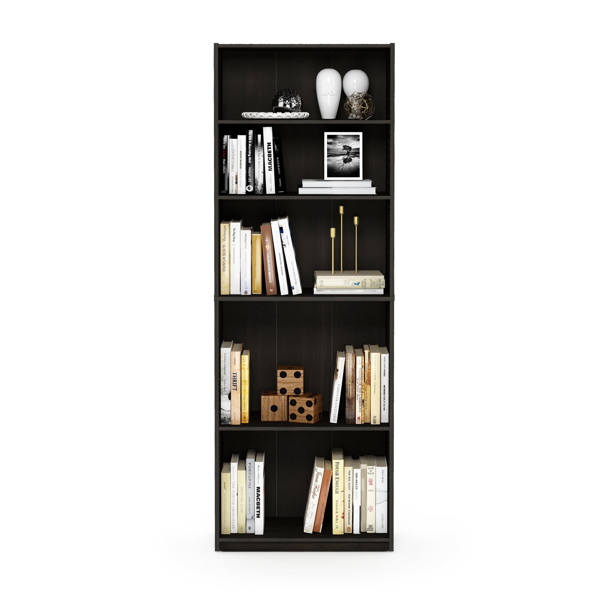 Furinno JAYA Book Shelf, 5-Tier Bookshelf, Bookcase with Adjustable Shelves, 9.5 x 24.5 x 71.2, for Living Room, Bedroom, Home Office, Black Espresso