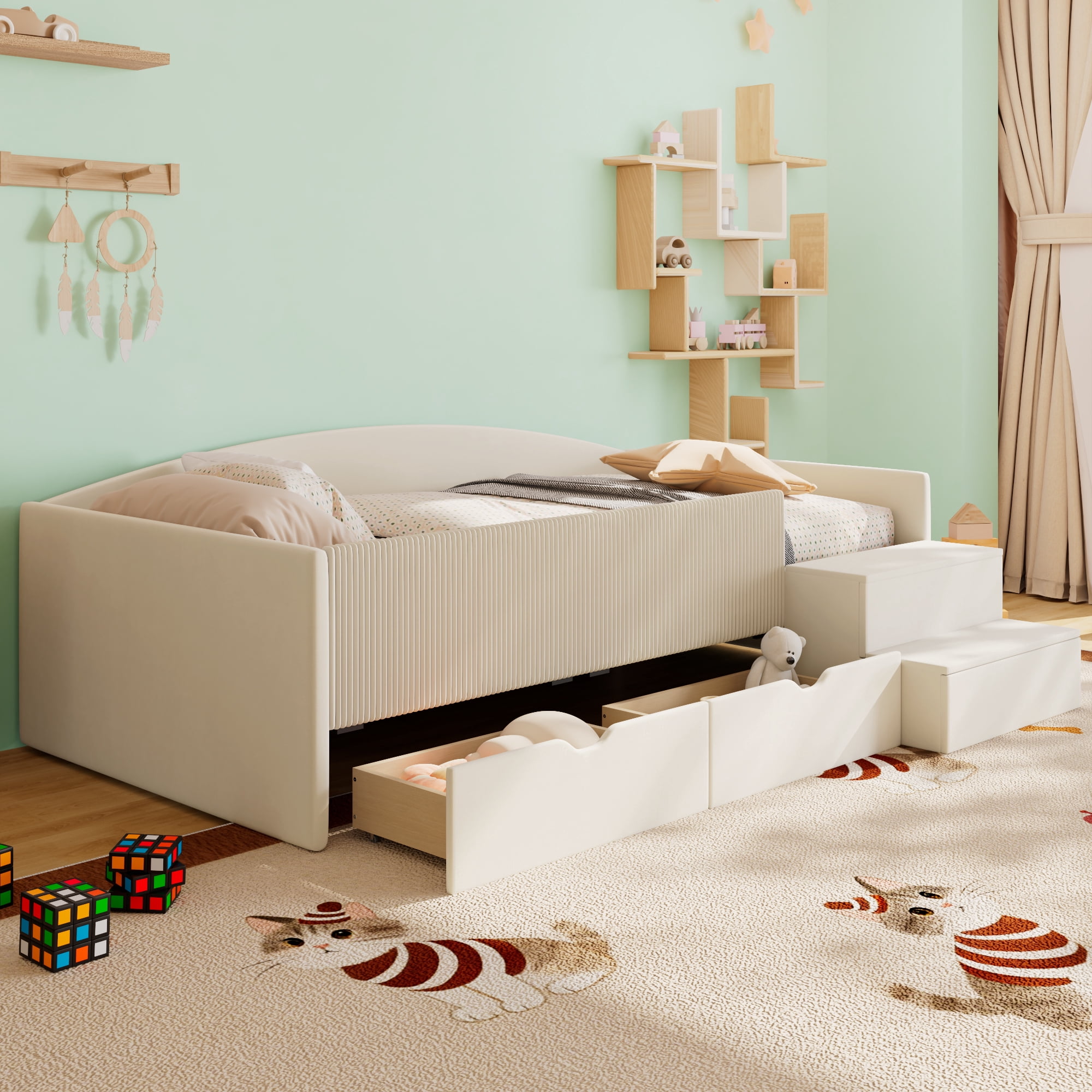 Mintazer Twin Size Upholstered Floor Daybed Frame with Safety Guardrail & 2 Storage Drawers & Stairs for Todder Kids, Beige