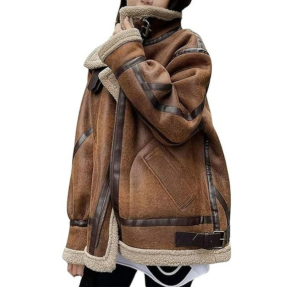 Women's Oversized Suede Moto Jacket Lined Shearling Coat Warm Winter Leather Outerwear