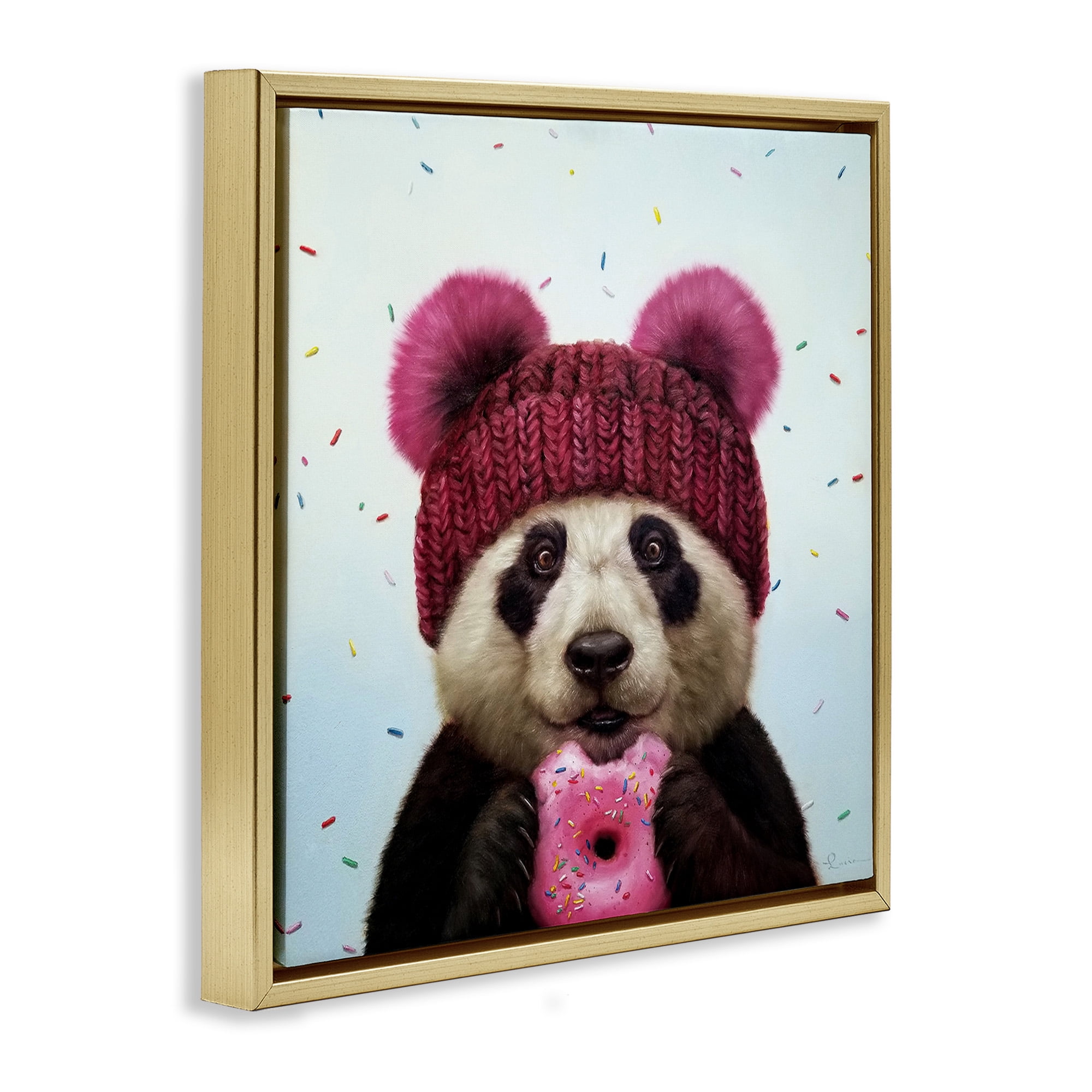 Stupell Industries Happy Panda Bear with Donut Animals & Insects Painting Gold Floater Framed Canvas Art Print Wall Art, 25 x 25