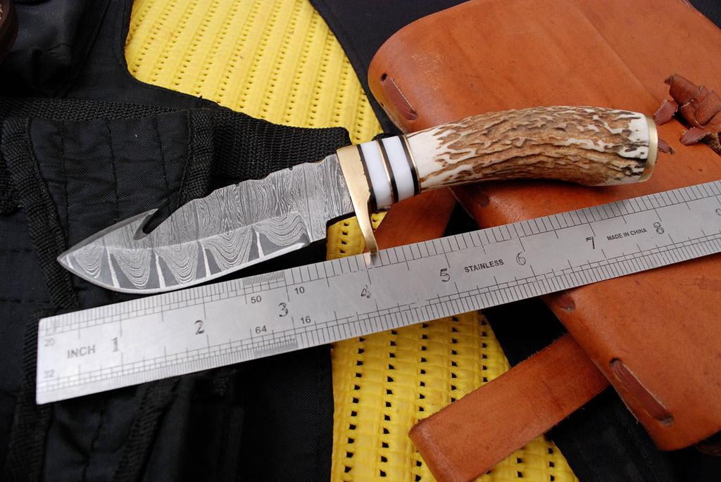 Custom Handmade Damascus Steel Fixed Blade Knife Stag Antler Handle Brass Guard