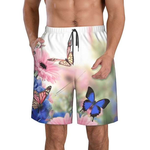 Balery Butterfly And Flowers Traje de Baño Estilo Hawaiano para Hombre, Shorts de Secado Rápido con Bolsillos-Small