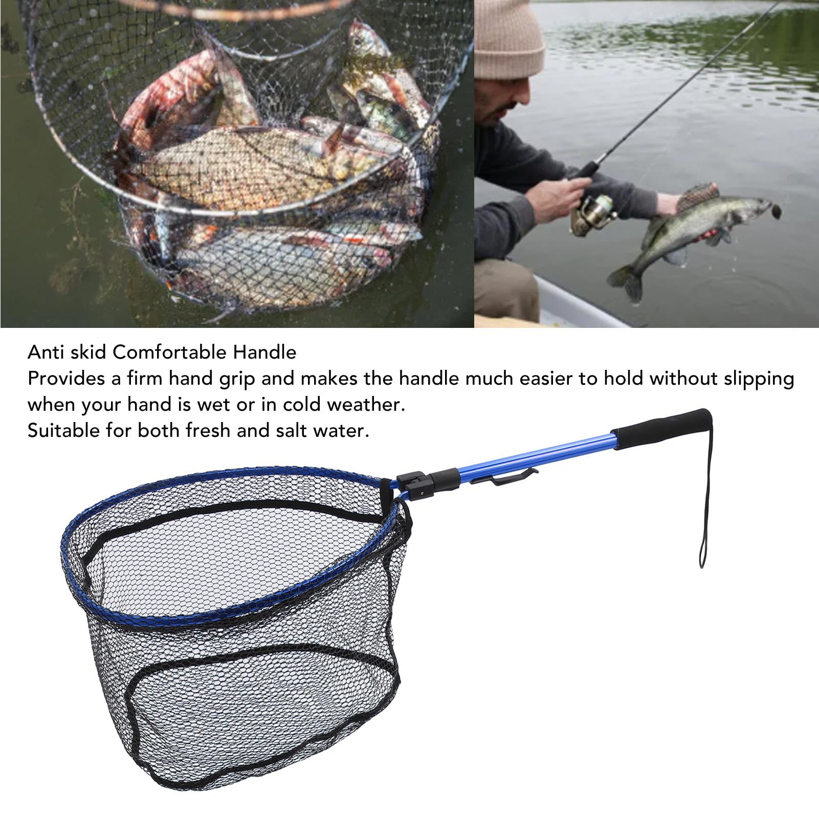 Rupoun Premium Aluminum Alloy Floating Fishing Net Fish Landing Net with Rubber Mesh Safe Catch Release Compact Foldable Portable Net 18.1 inches / 46 cm Blue Edition