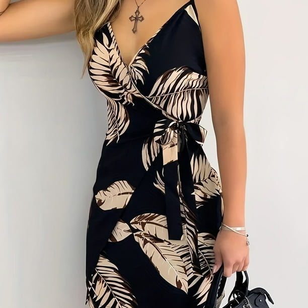 Vestido Cami Con Estampado De Hojas, Vestido Sin Mangas Anudado Con Correa De Espagueti Sexy, Ropa De Mujer