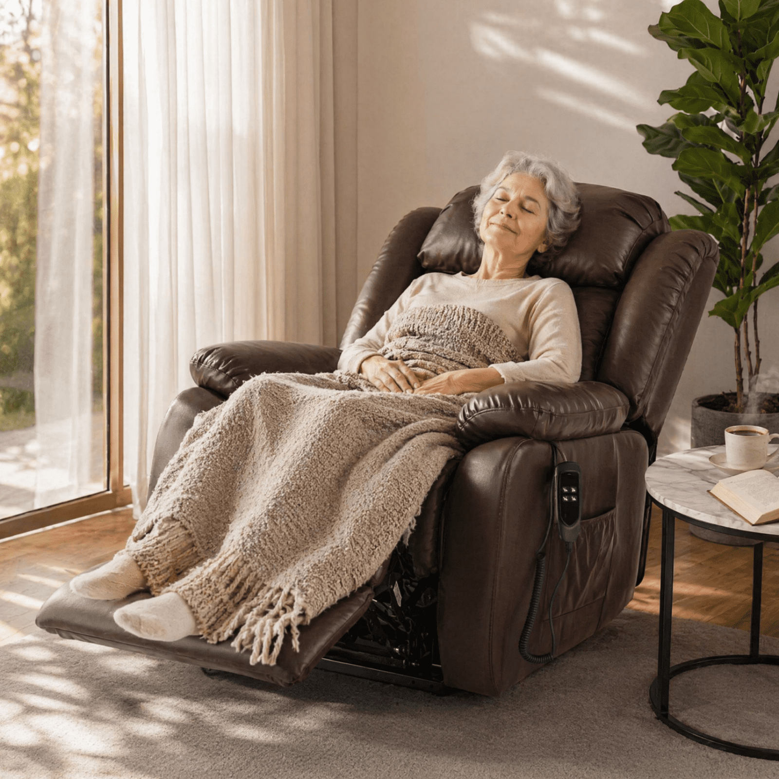 INGALIK Power Lift Recliner Chair Dual Motor, Infinite Position Lay Flat Recliners for Adult & Elderly with Heat & Massage, Large, Type-C Charge, Lumbar Pillow for Living Room, Leather (Beige)