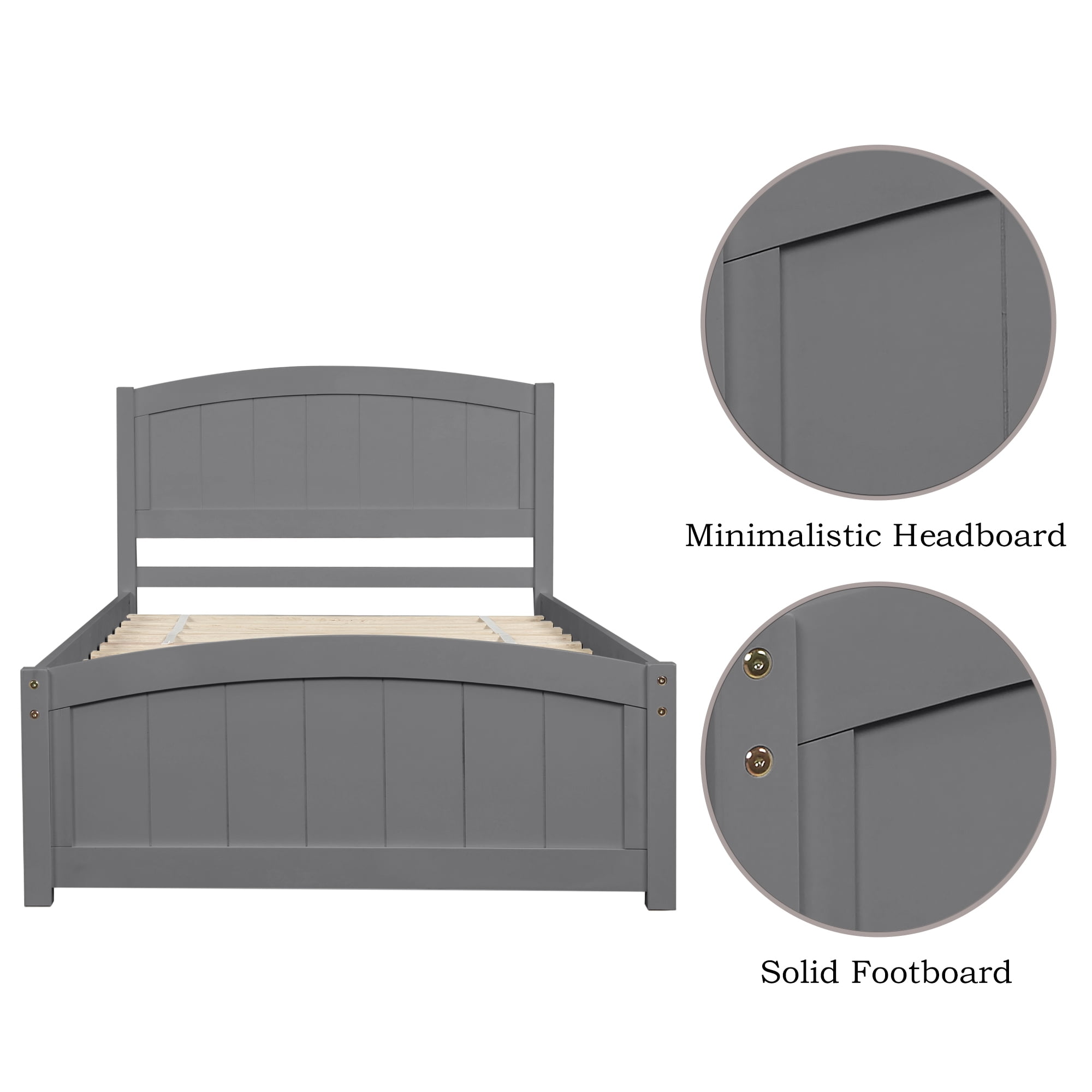 Aukfa Solid Wood Bed Frame, Twin Platform Bed with Headboard, Gray