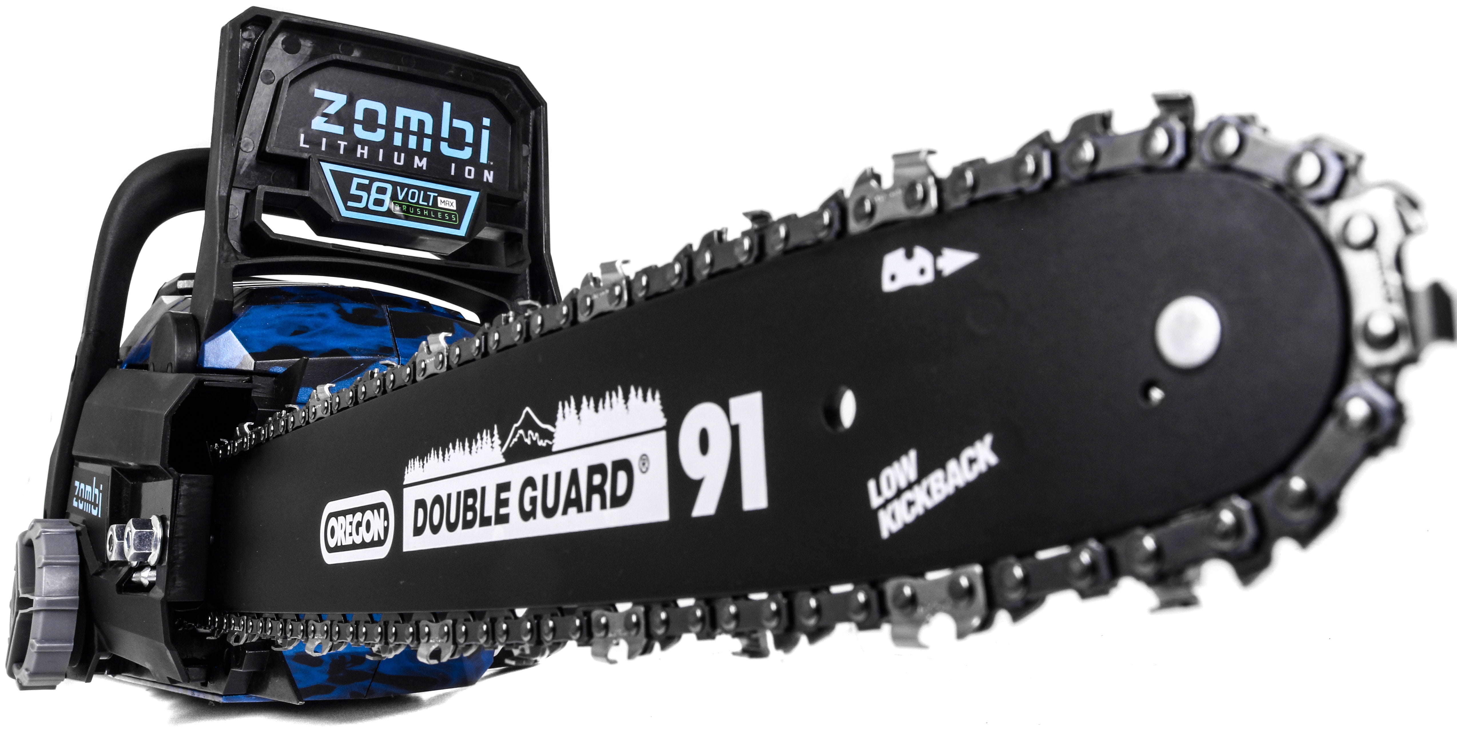 Zombi 16 in. 58 Volt Lithium Cordless Electric Chain Saw with Oregon